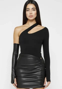 Asymmetric Bodysuit With Vegan Leather Sleeve