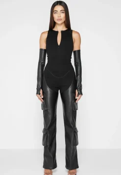 Bandage And Vegan Leather Racer Neck Cargo Pocket Jumpsuit