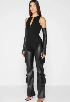 Bandage And Vegan Leather Racer Neck Cargo Pocket Jumpsuit