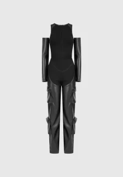 Bandage And Vegan Leather Racer Neck Cargo Pocket Jumpsuit