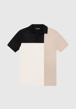 Colour Block Knit Revere Polo Top - Black/Beige