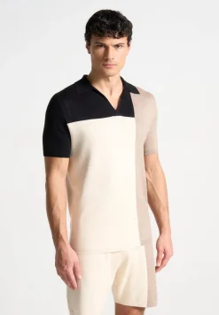 Colour Block Knit Revere Polo Top - Black/Beige