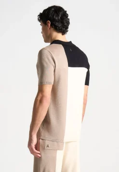 Colour Block Knit Revere Polo Top - Black/Beige