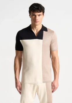 Colour Block Knit Revere Polo Top - Black/Beige