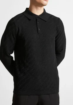 Cotton Blend Waffle Knit Long Sleeve Polo Top