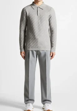 Cotton Blend Waffle Knit Long Sleeve Polo Top