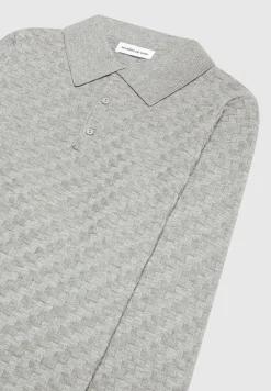 Cotton Blend Waffle Knit Long Sleeve Polo Top