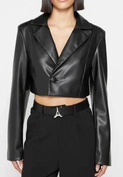 Cropped Vegan Leather Blazer With Open Back
