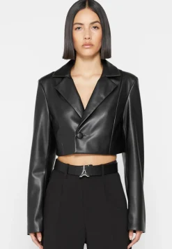 Cropped Vegan Leather Blazer With Open Back