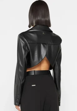 Cropped Vegan Leather Blazer With Open Back