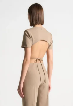 Curved Hem Backless Top With Tie