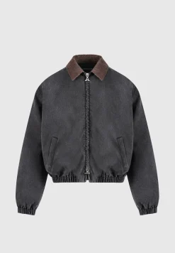 Denim Padded Cropped Bomber Jacket - Washed Grey