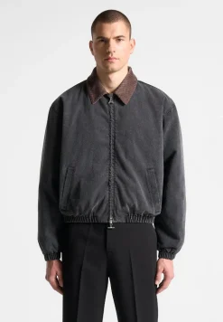 Denim Padded Cropped Bomber Jacket - Washed Grey