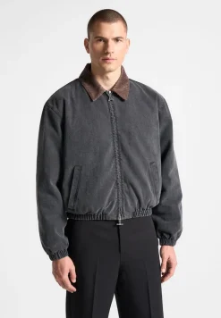 Denim Padded Cropped Bomber Jacket - Washed Grey