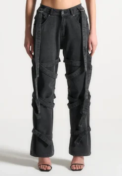 Denim Strap Cargo Jeans - Washed Black