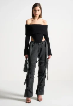 Denim Strap Cargo Jeans - Washed Black