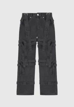 Denim Strap Cargo Jeans - Washed Black