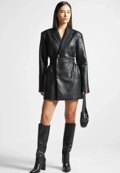 Double Breasted Vegan Leather Blazer Dress