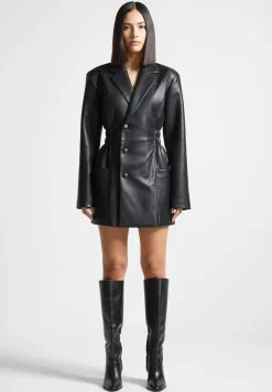 Double Breasted Vegan Leather Blazer Dress