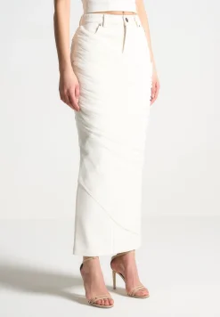 Draped Mesh Denim Maxi Skirt