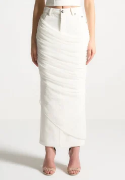 Draped Mesh Denim Maxi Skirt