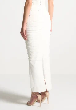 Draped Mesh Denim Maxi Skirt