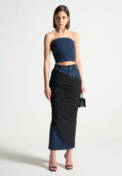 Draped Mesh Denim Maxi Skirt