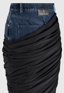 Draped Mesh Denim Maxi Skirt