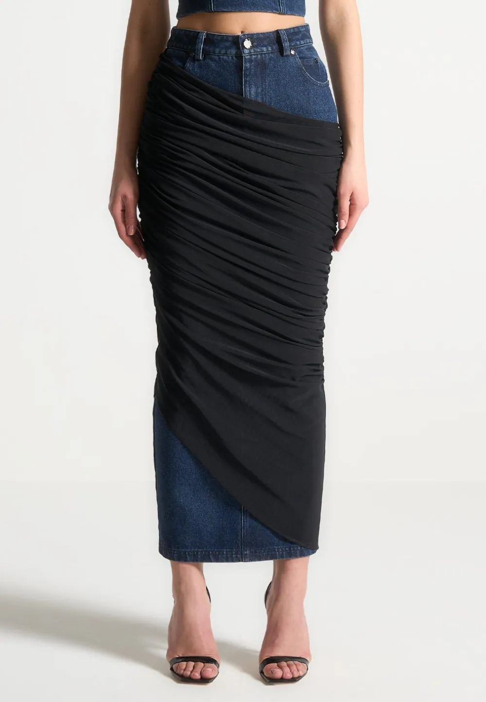 Draped Mesh Denim Maxi Skirt