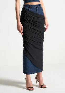 Draped Mesh Denim Maxi Skirt
