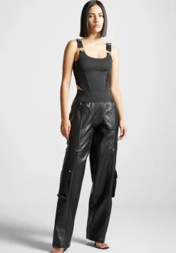 Elasticated Waist Vegan Leather Cargo Trousers