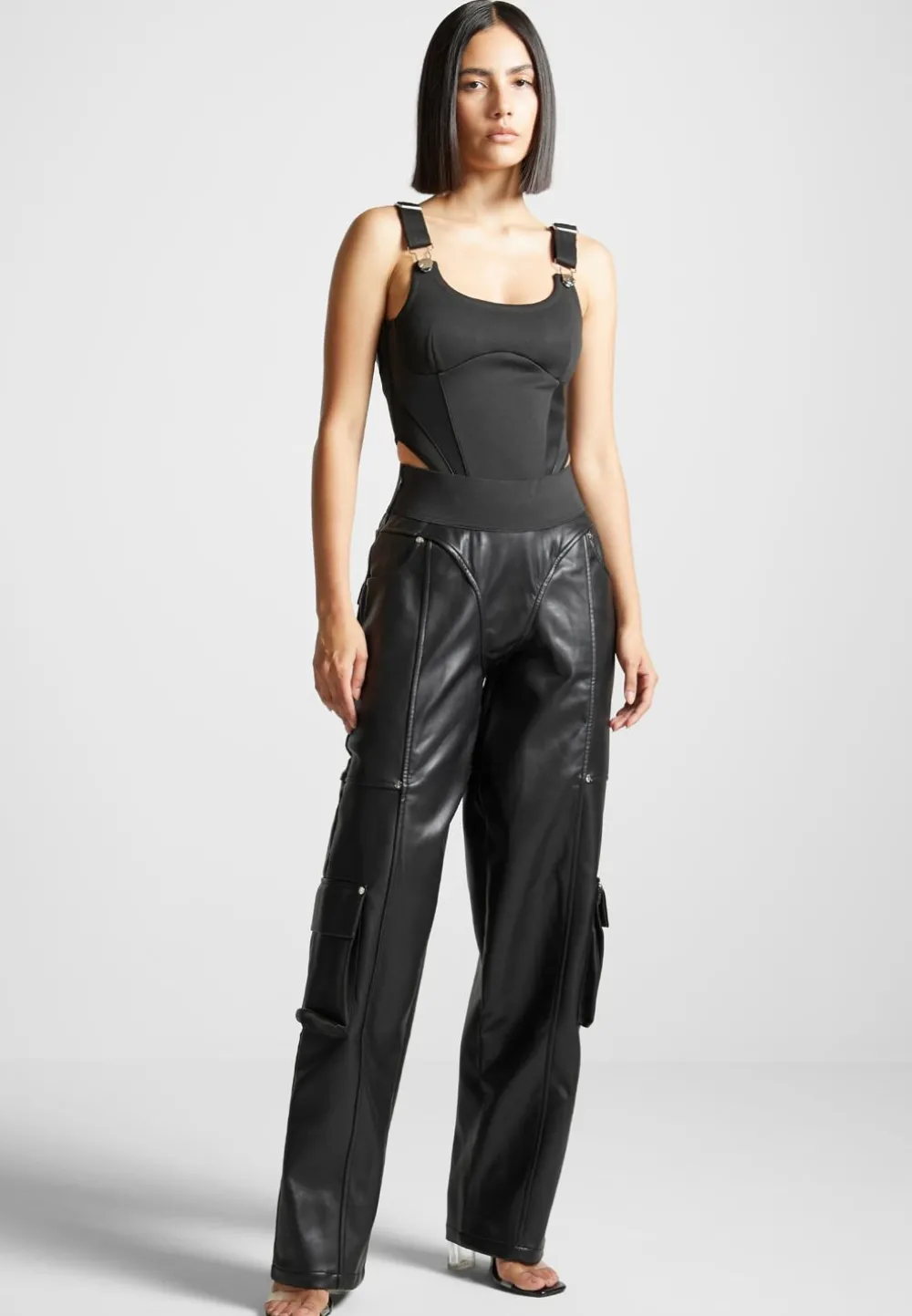 Elasticated Waist Vegan Leather Cargo Trousers