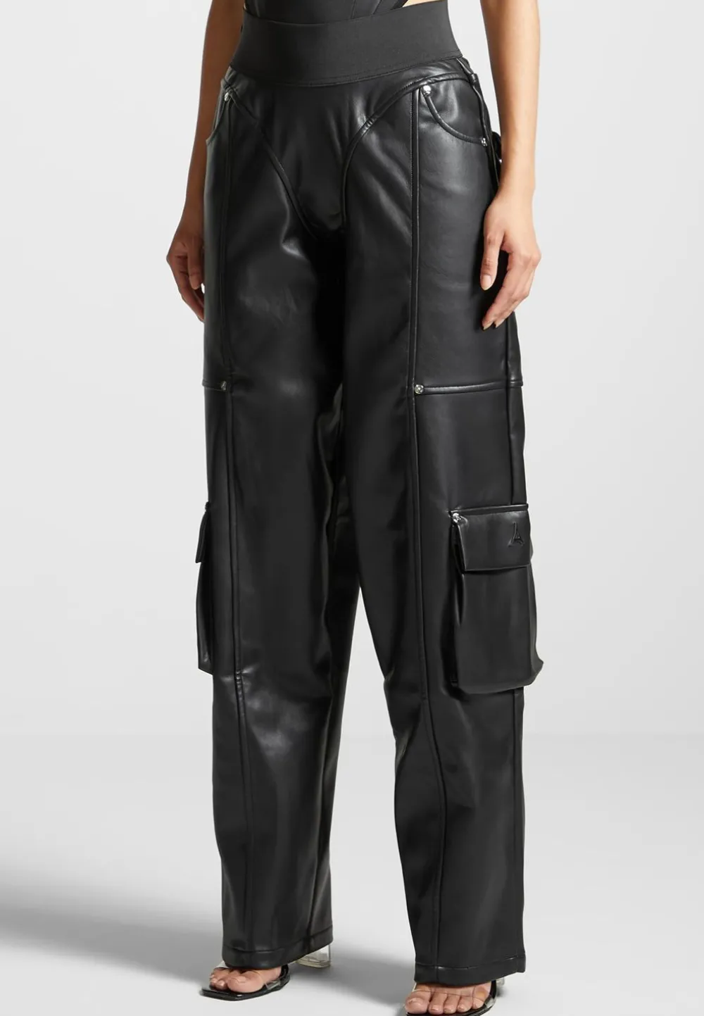 Elasticated Waist Vegan Leather Cargo Trousers