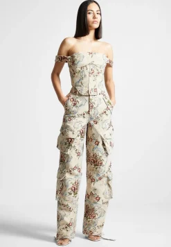 Floral Jacquard High Waisted Cargo Pants
