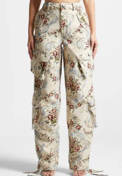 Floral Jacquard High Waisted Cargo Pants