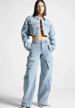 High Waisted Boucle Denim Cargo Pants