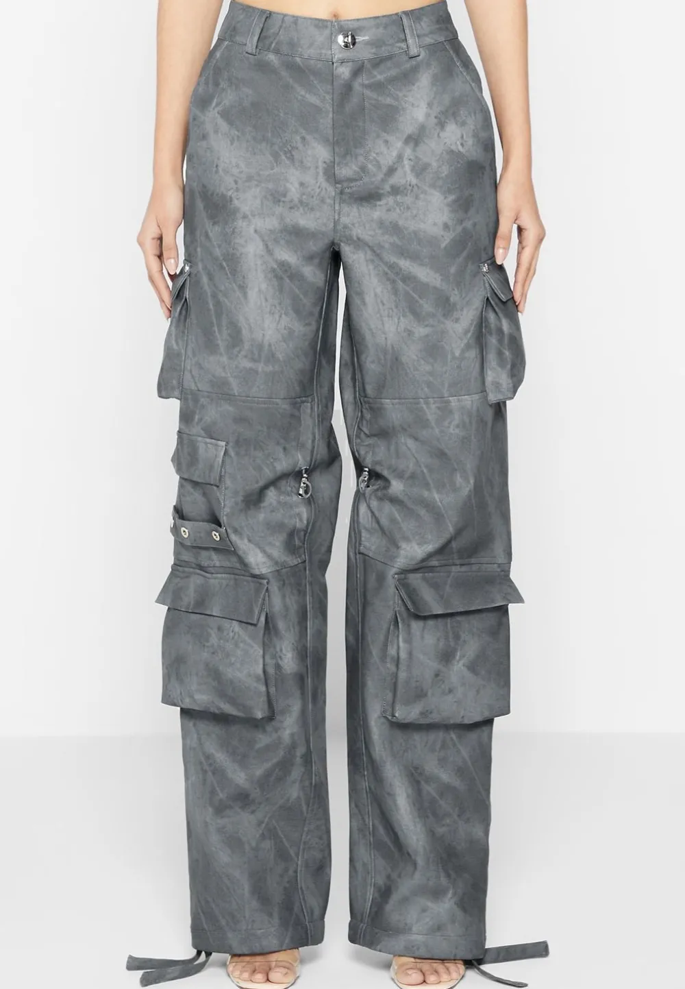 High Waisted Vintage Marble Leather Cargo Pants - Washed