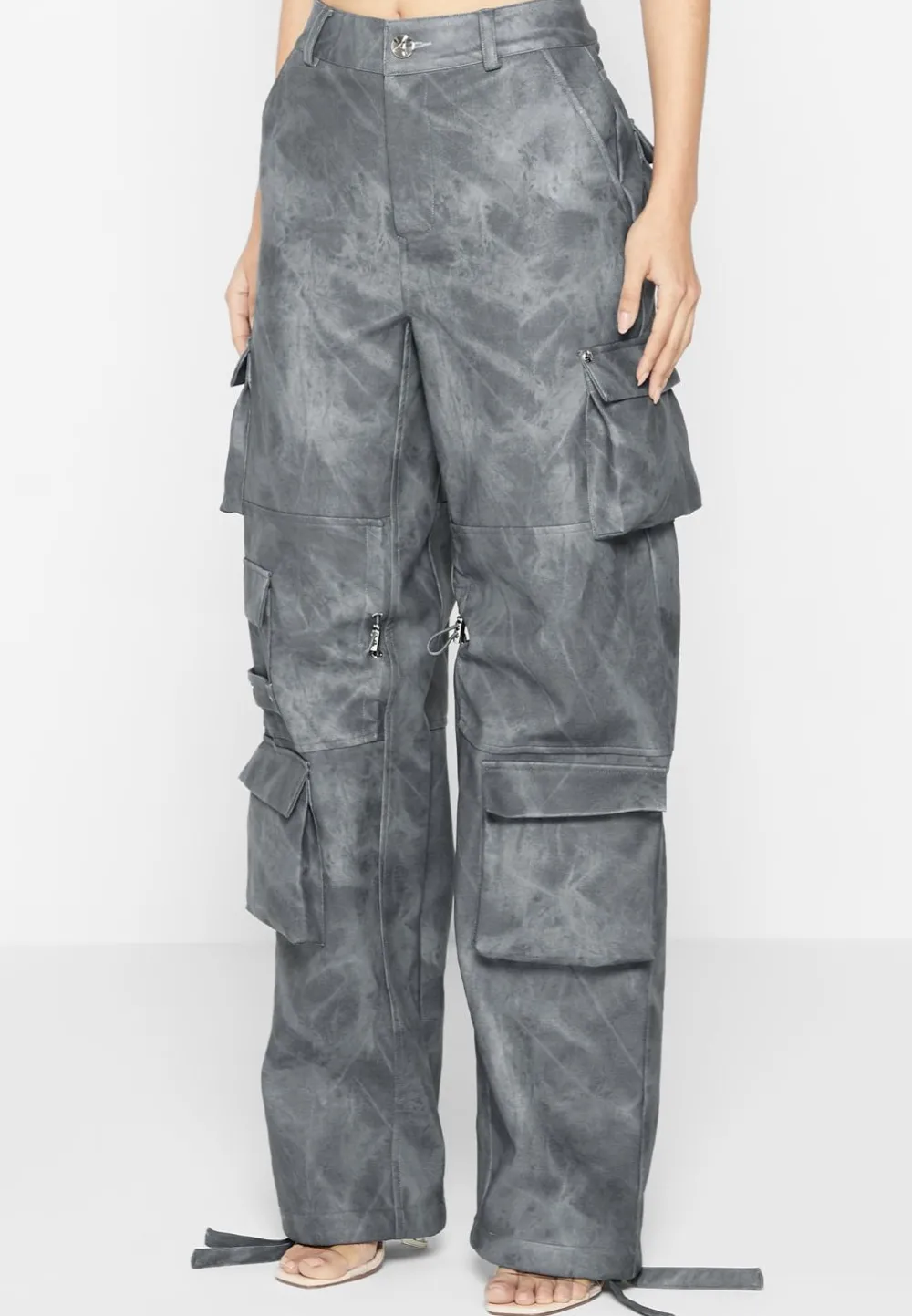 High Waisted Vintage Marble Leather Cargo Pants - Washed