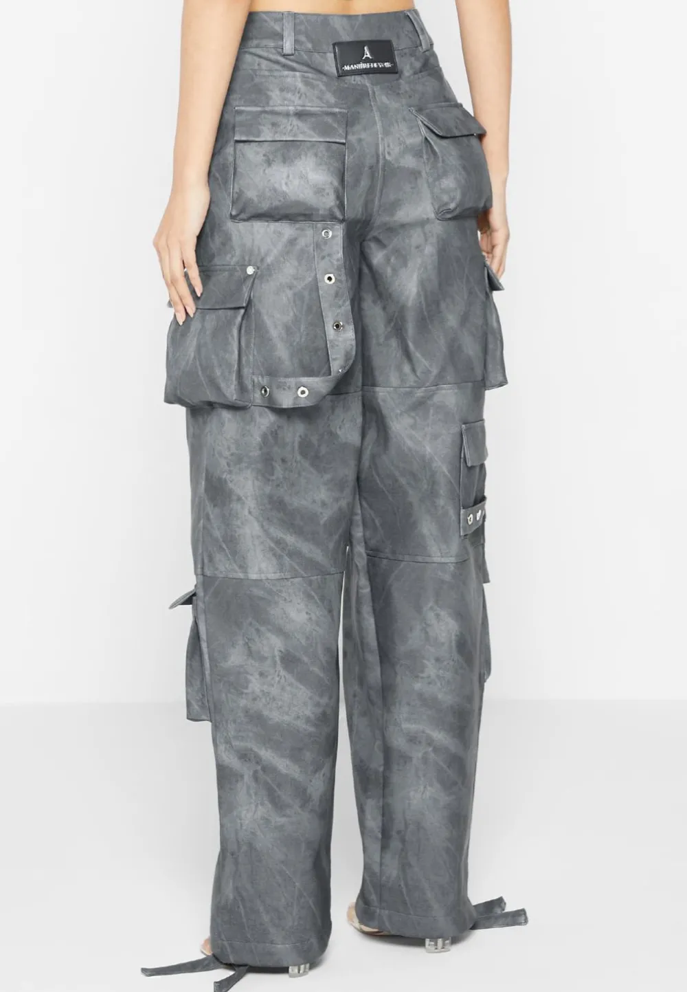 High Waisted Vintage Marble Leather Cargo Pants - Washed