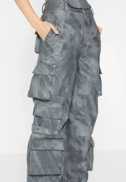 High Waisted Vintage Marble Leather Cargo Pants - Washed
