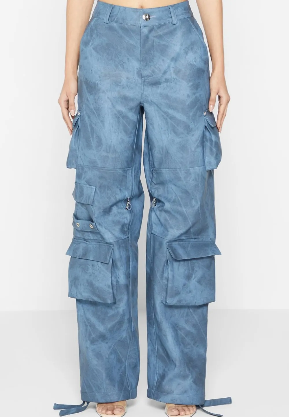 High Waisted Vintage Marble Leather Cargo Pants - Washed