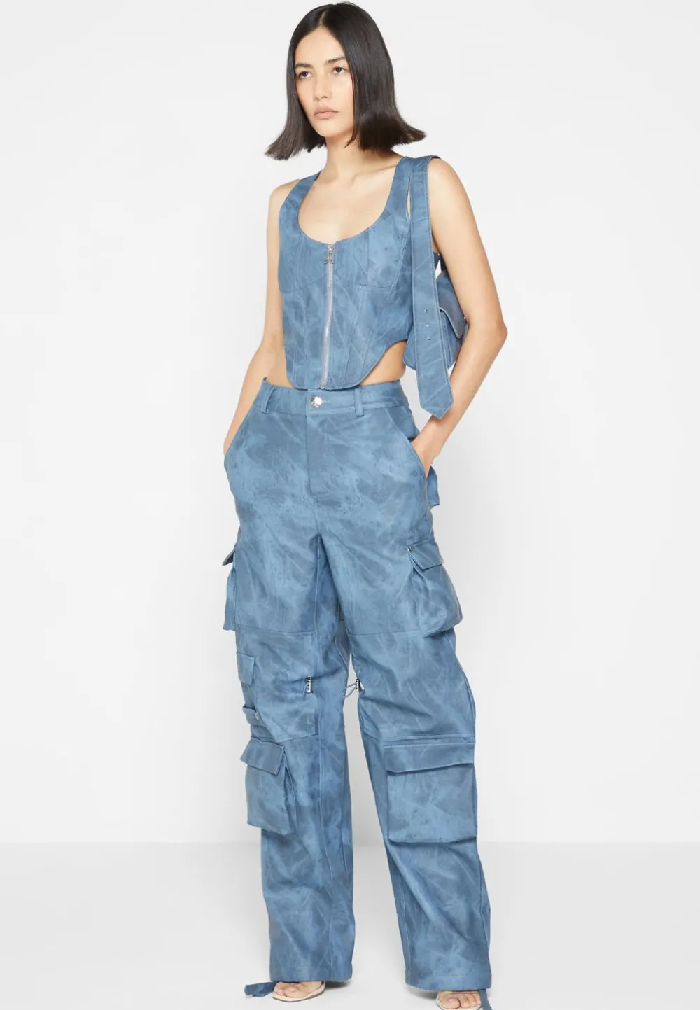 High Waisted Vintage Marble Leather Cargo Pants - Washed