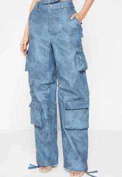 High Waisted Vintage Marble Leather Cargo Pants - Washed
