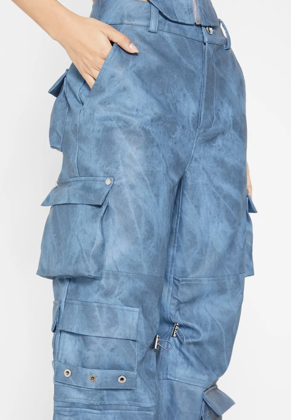 High Waisted Vintage Marble Leather Cargo Pants - Washed