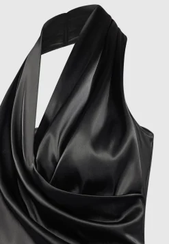 Hooded Cowl Neck Satin Wrap Bodysuit