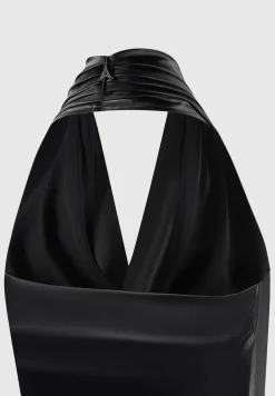 Hooded Cowl Neck Satin Wrap Bodysuit