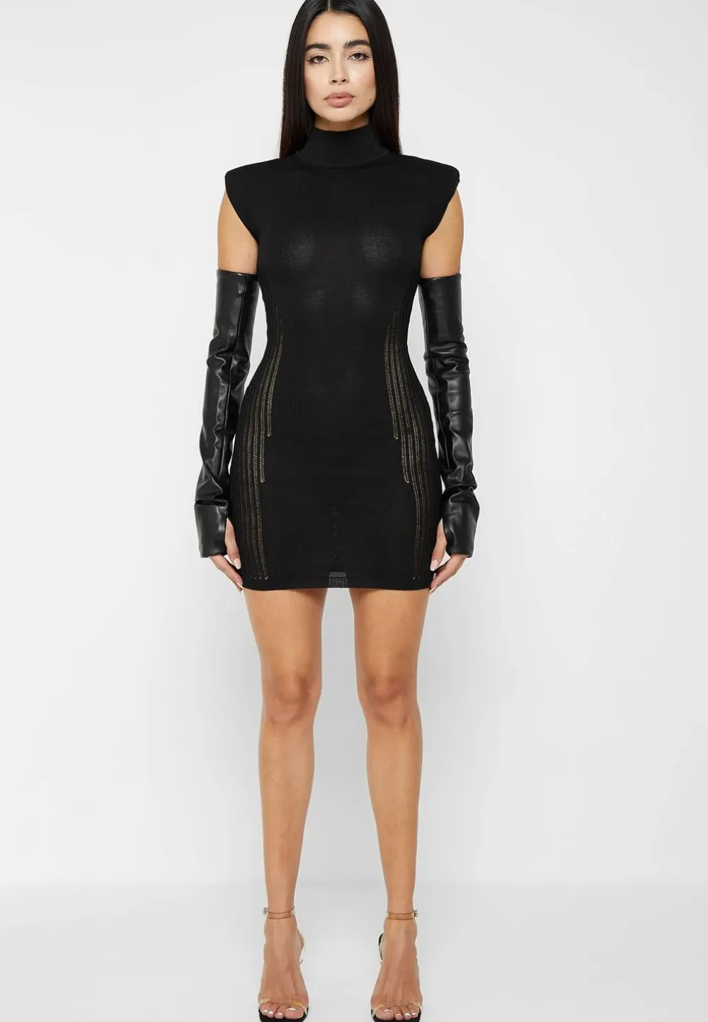 Knitted Contour Dress With Vegan Leather Sleeves