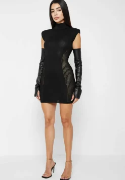 Knitted Contour Dress With Vegan Leather Sleeves