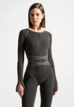 Knitted Two Tone Jumpsuit With Belt