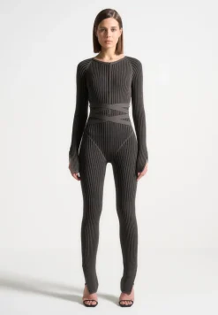 Knitted Two Tone Jumpsuit With Belt